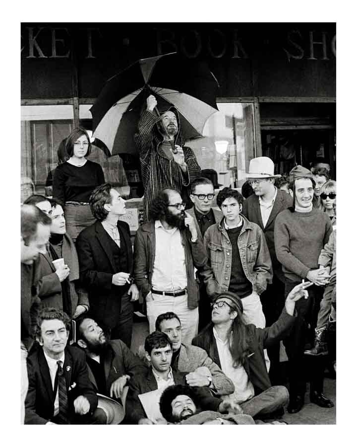 Larry Keenan's photograph of The Last Gathering of the Beat Poets and Artists at City Lights Books in San Francisco in 1965. Copyright image Larry Keenen